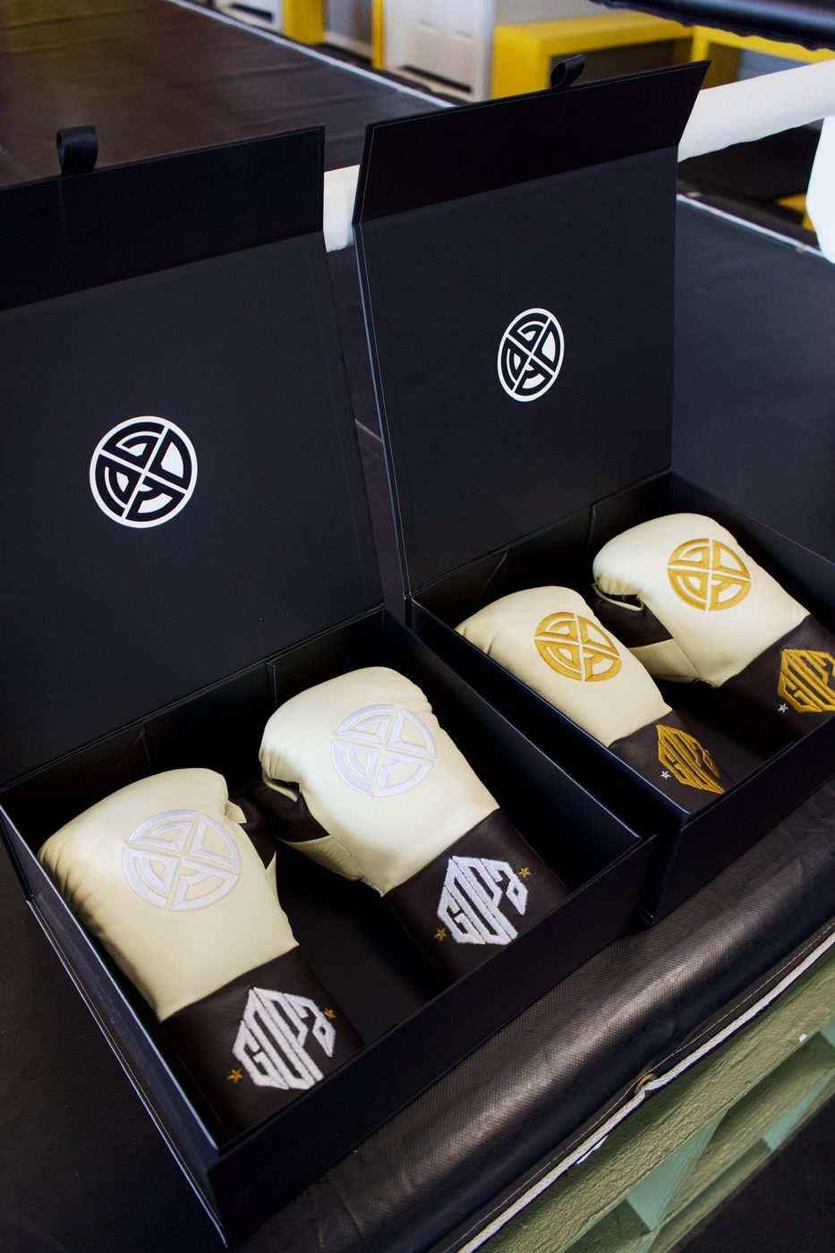 Custom Gopa Boxing Club gloves in presentation boxes