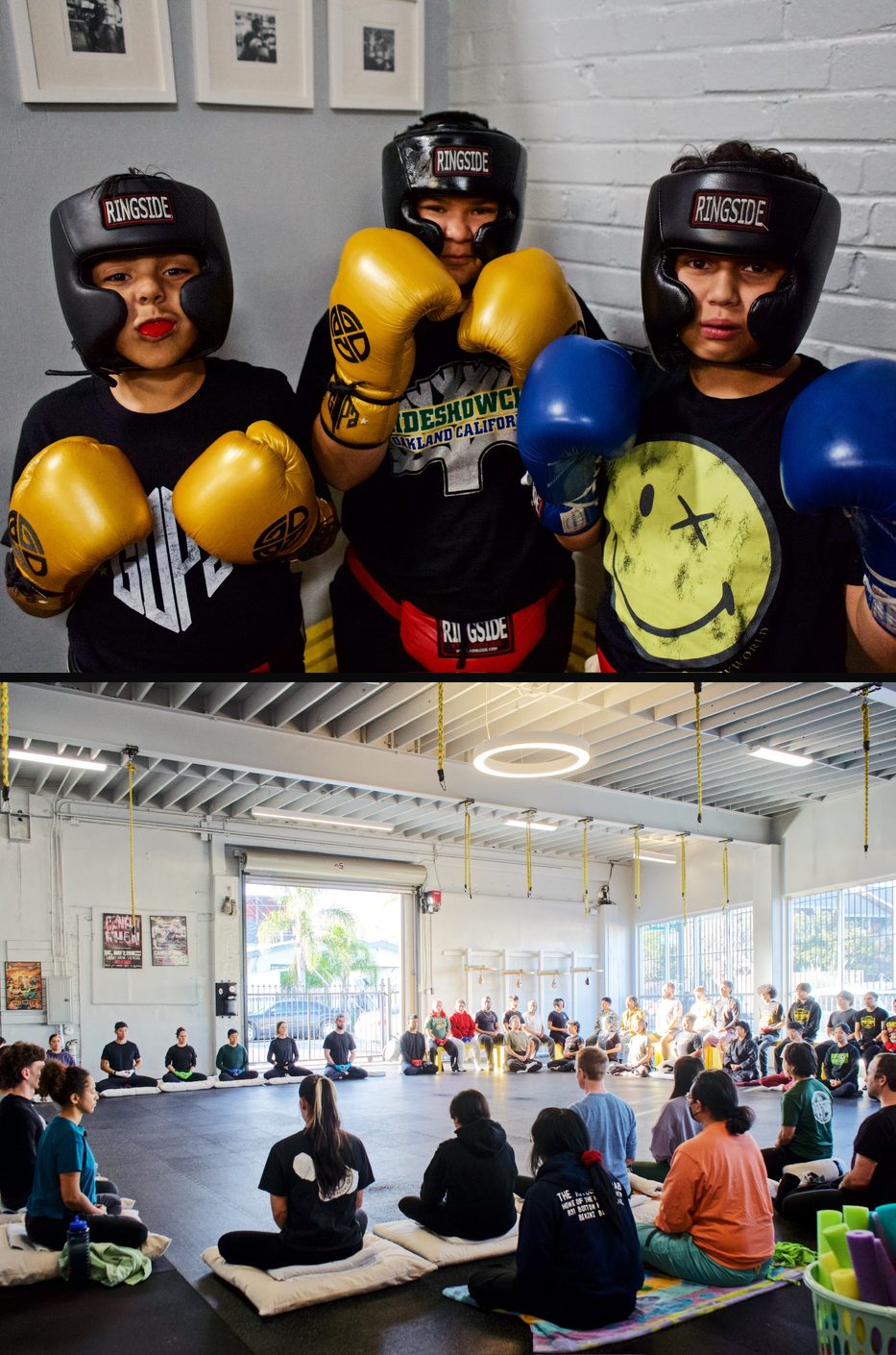 Kids in sparring gear and group mindfulness at Gopa Boxing Club Oakland